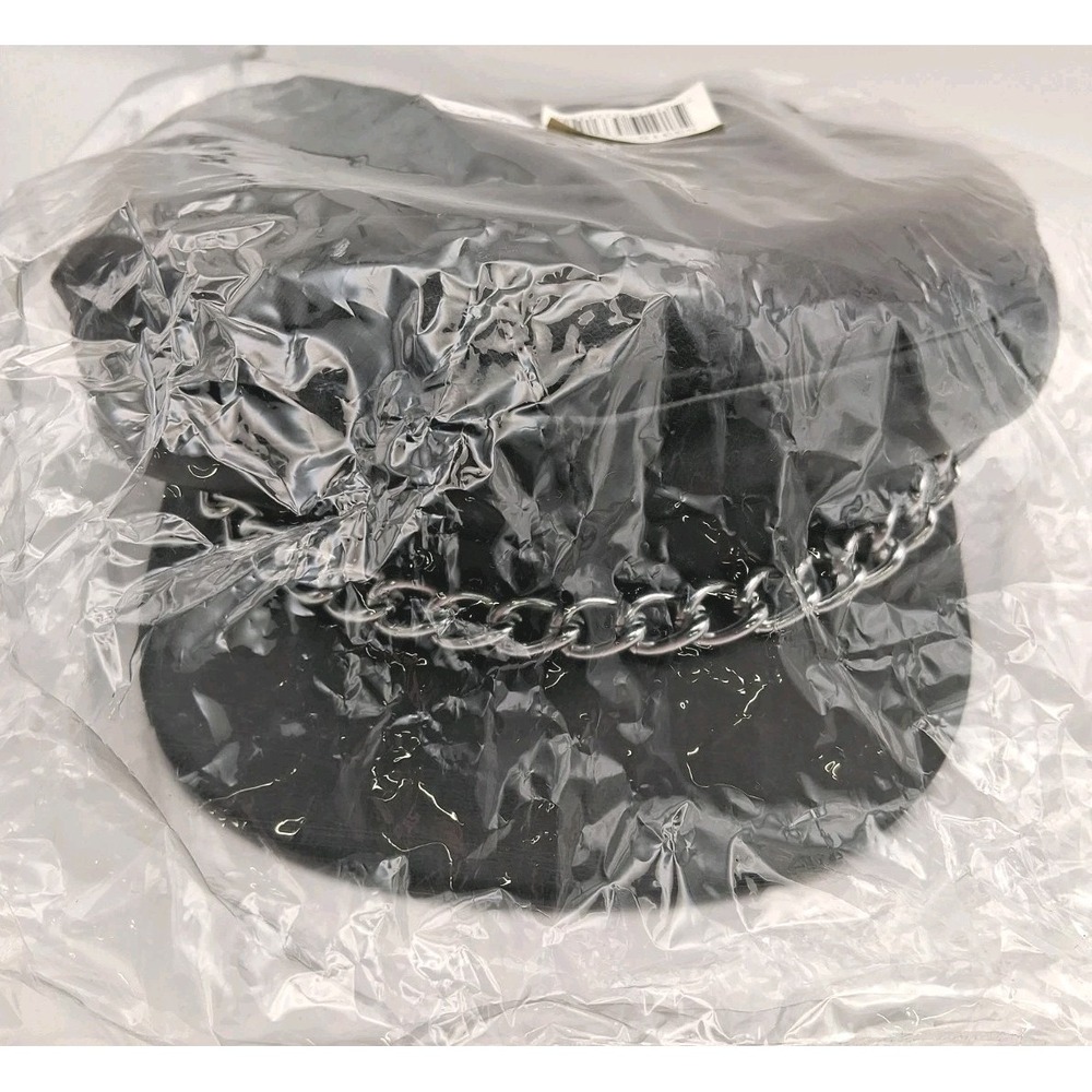 Faux Black Leather Biker Cap w/Chain Halloween or Adult Cosplay - Unopened Bag